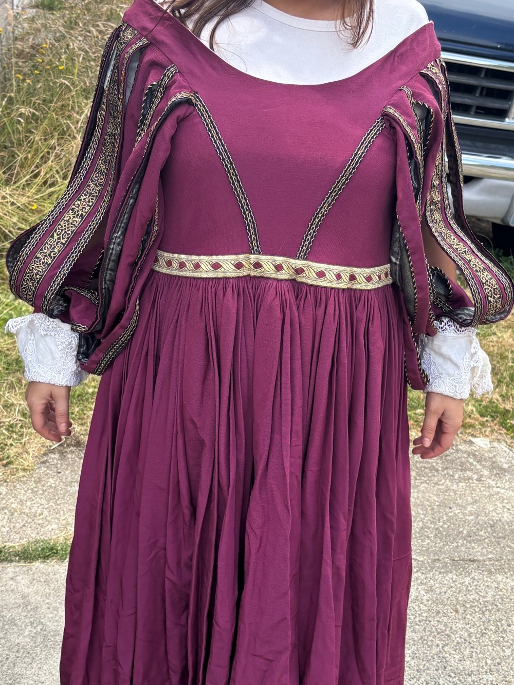 Women’s Vintage-Inspired Plum renaissance costume Dress with Gold Trim. Handmade